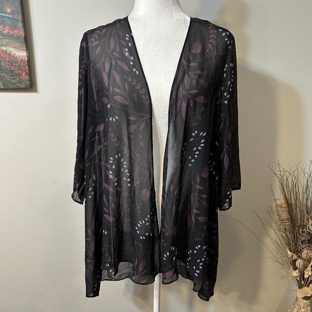 Elisabeth Williams Women Open Cardigan Black  Floral High Low Semi Sheer Size M